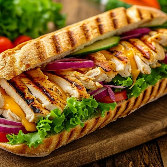 Grilled Chicken, Fresh Mozzarella, Lettuce, Tomato, Mayo Sandwich.